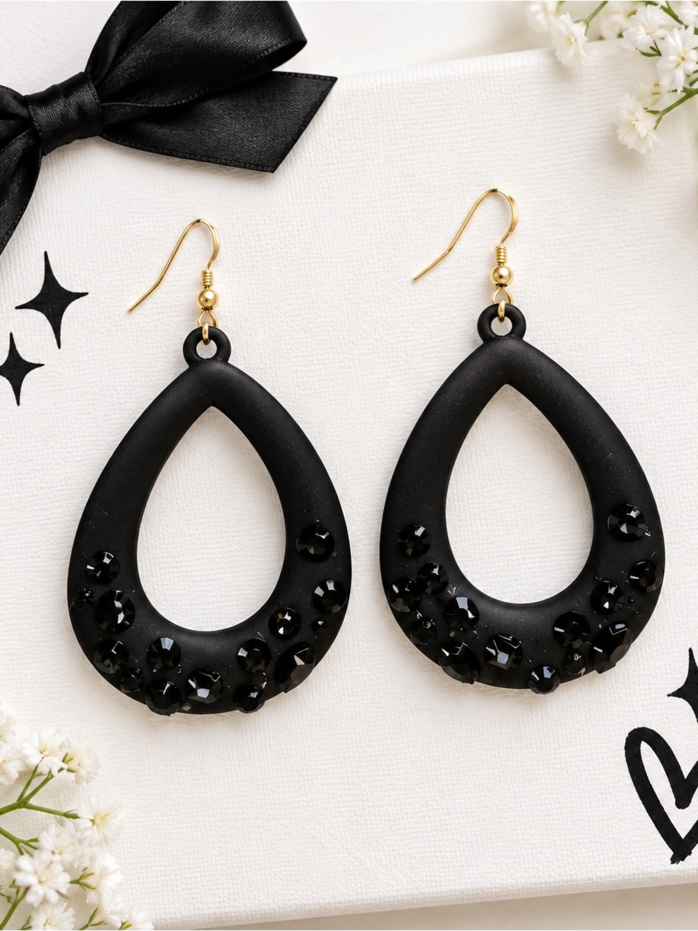 Black Teardrop Crystal Accent Dangle Earrings